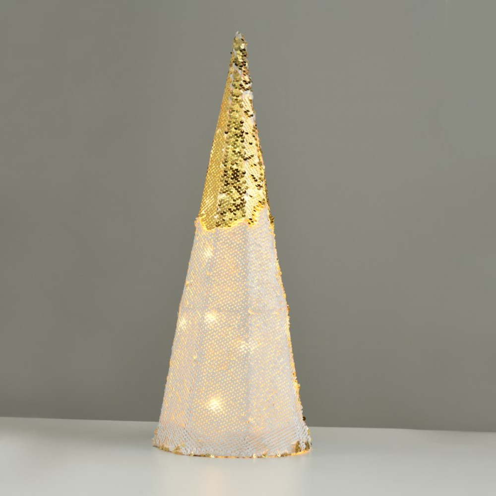 ^ CHAMPAGNE GOLD & WHITE SEQUIN CONE TREE 20 WW LED ΛΑΜΠ. ΜΠΑΤ. 3ΧΑΑ,IP20 Φ18.5Χ50CM  -X1120118
